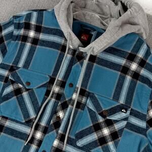 Quiksilver Hooded Flannel Shacket Mens Large‎ Blue Big Plaid Midweight Skate